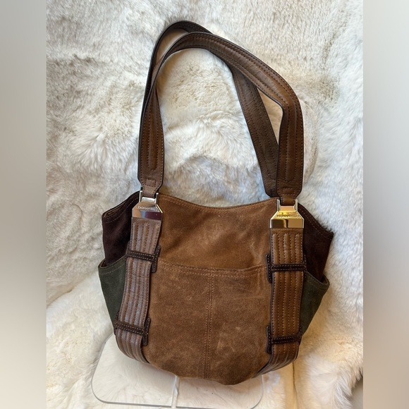 Tignanello brown suede leather colorblock shoulder bag purse w magnetic snap.  H - Picture 2 of 12